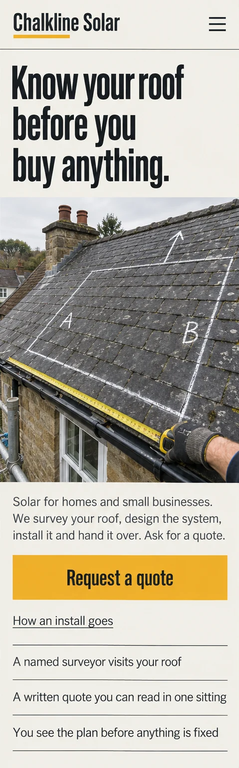Phone window 1: the first screen, with the headline Know your roof before you buy anything, a chalk-marked slate roof with a tape measure, a yellow Request a quote button and three reassurance lines.