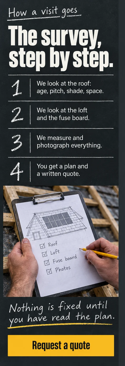 Phone window 2: The survey, step by step, four numbered steps in one column, a clipboard photograph and a yellow Request a quote button.