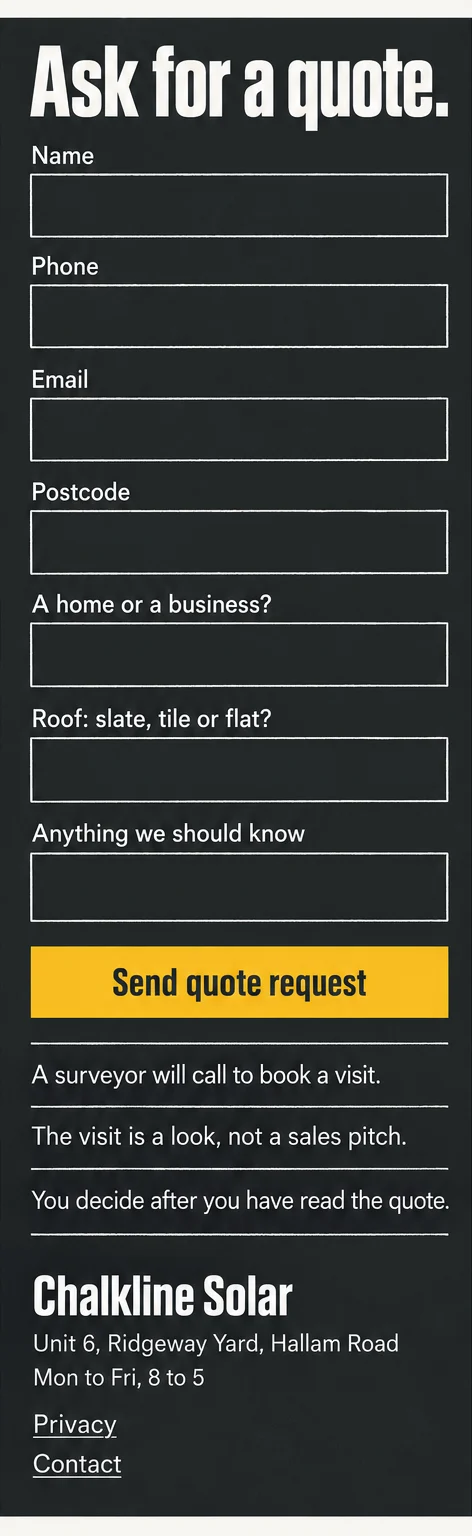 Phone window 4: Ask for a quote, seven stacked fields with labels, a yellow Send quote request button, three reassurance lines and the footer.
