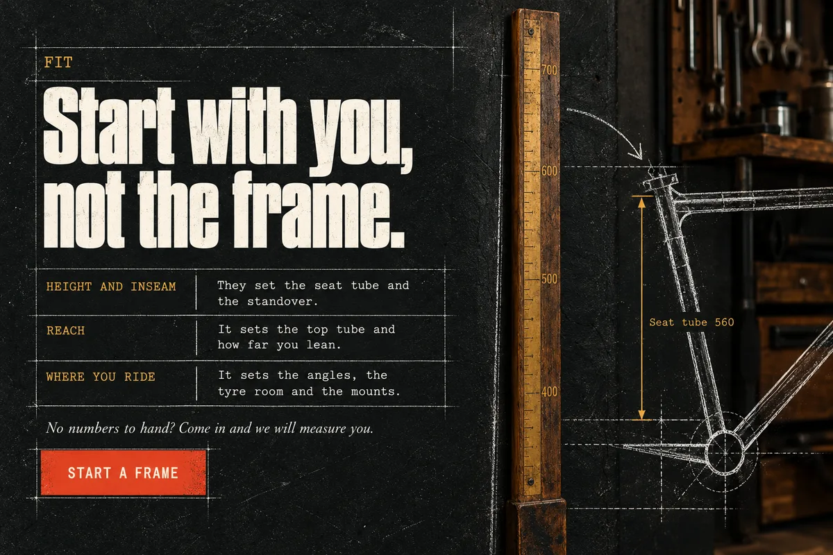 Part 3: Start with you, not the frame. Height and inseam, reach and where you ride, beside a wooden measuring rod and a chalk frame labelled Seat tube 560.