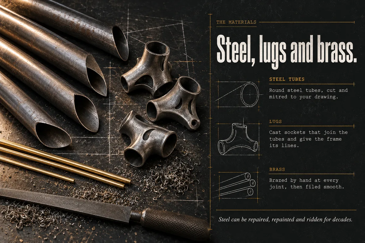 Part 5: Steel, lugs and brass. A photograph of steel tubes, cast lugs, brass rods and a file, beside three short descriptions.