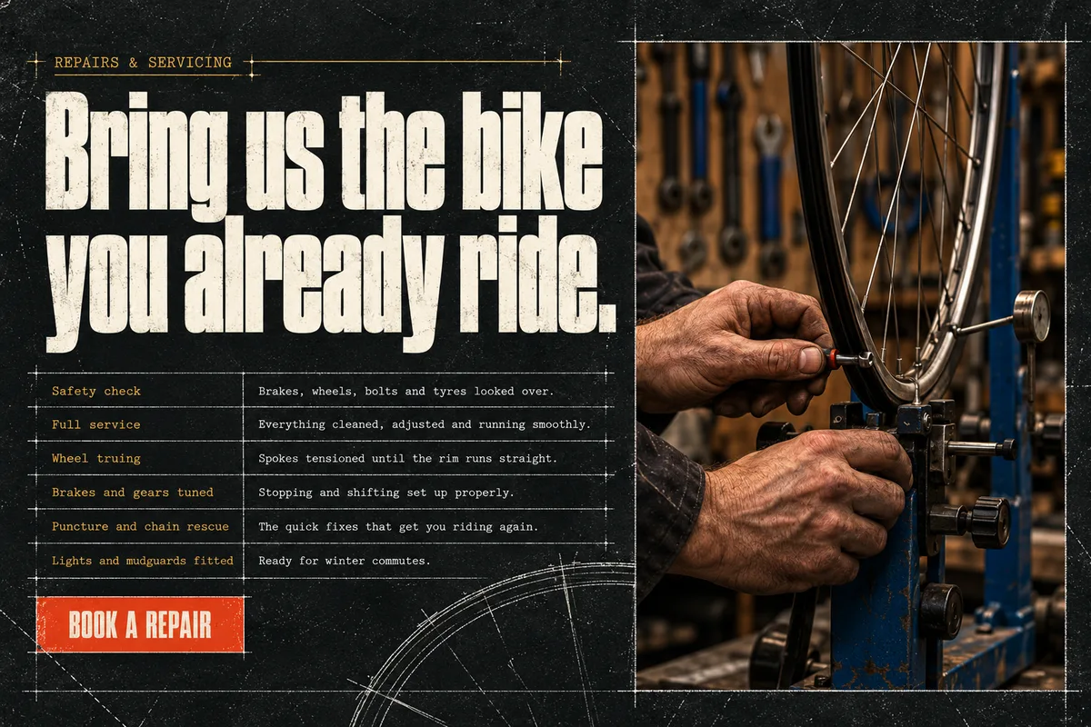 Part 6: Bring us the bike you already ride. Six services from Safety check to Lights and mudguards fitted, a Book a repair button and a photograph of hands truing a wheel.
