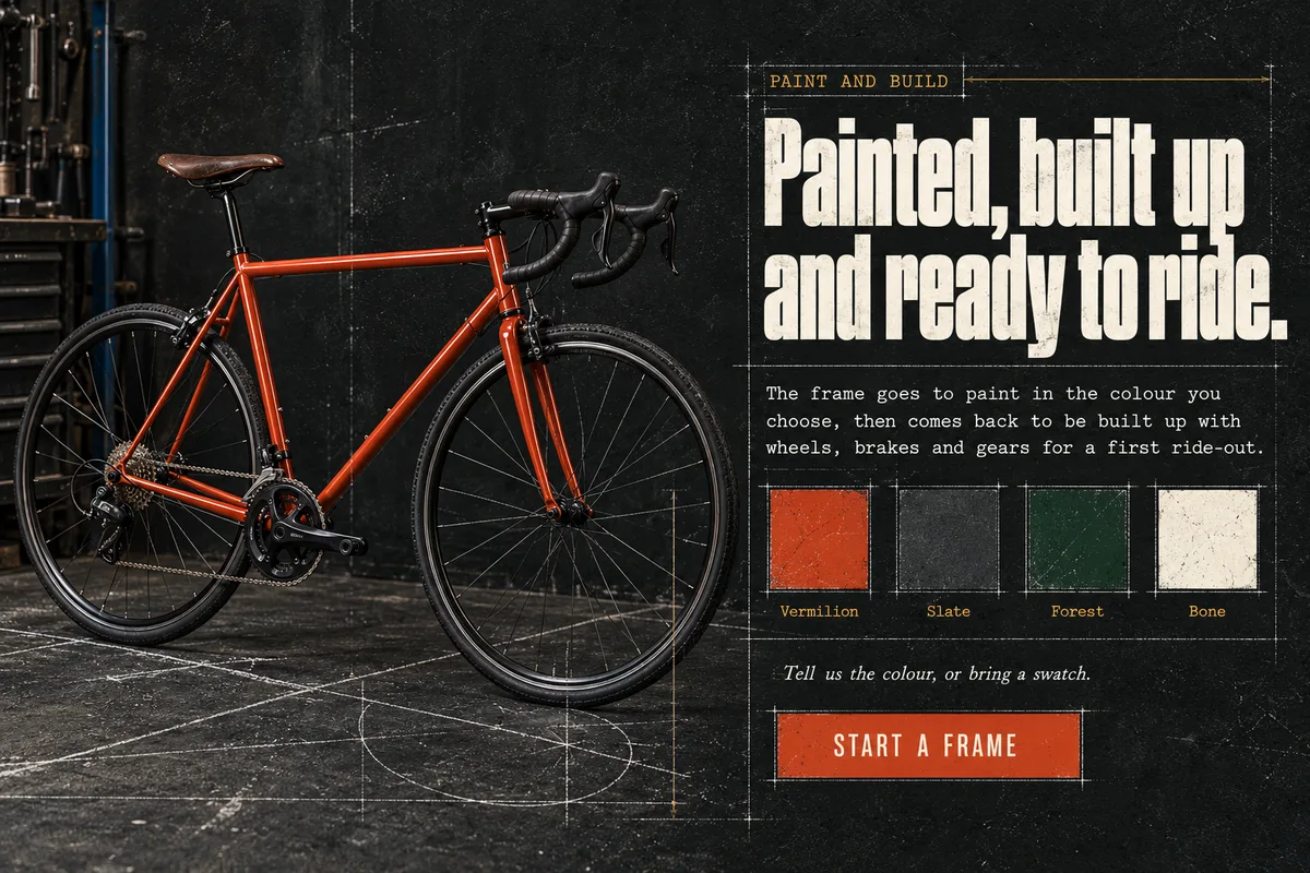 Part 8: Painted, built up and ready to ride. A finished red steel bicycle, four paint swatches named Vermilion, Slate, Forest and Bone, and a Start a frame button.