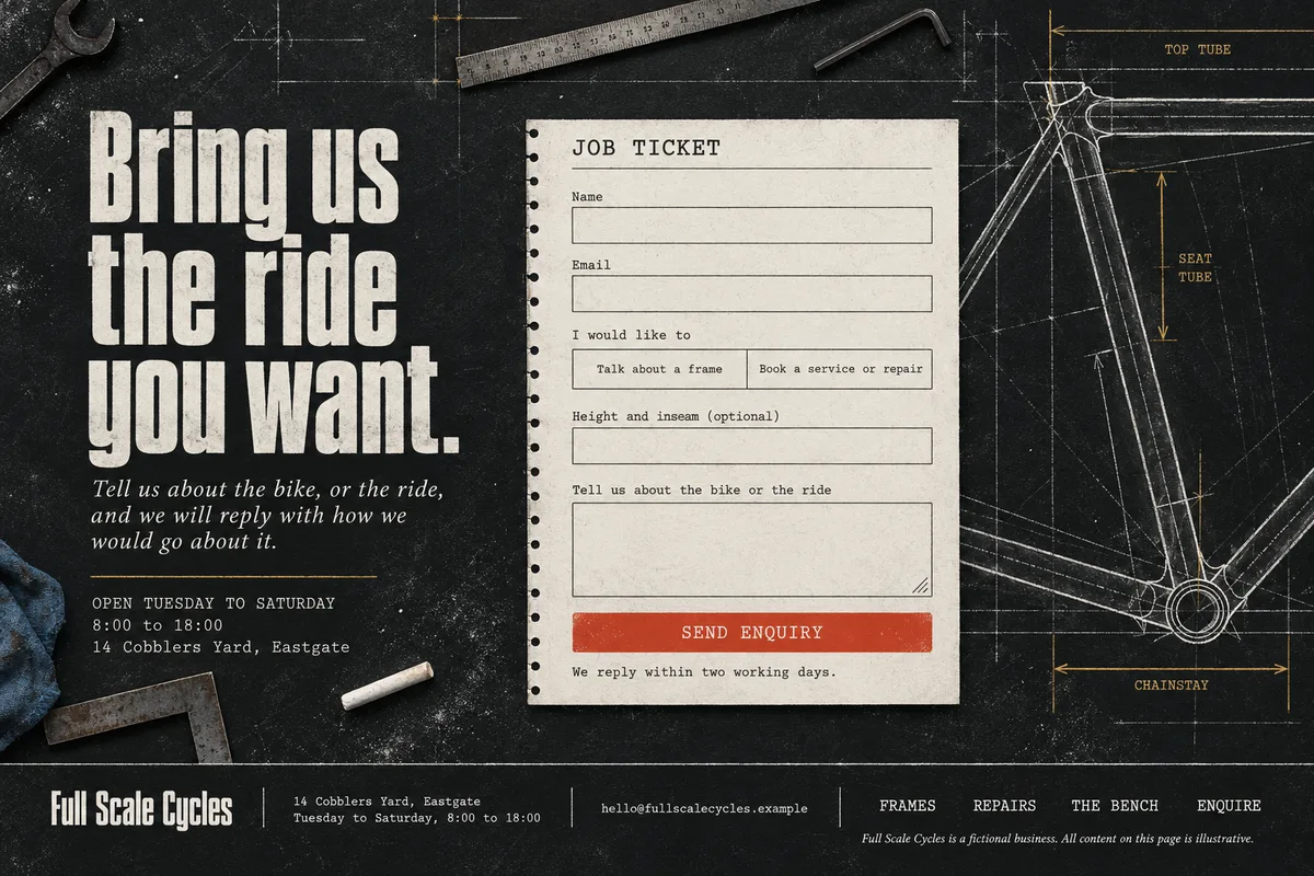 Part 10: Bring us the ride you want. A job-ticket enquiry form with a Send enquiry button, opening hours, the address and the footer.
