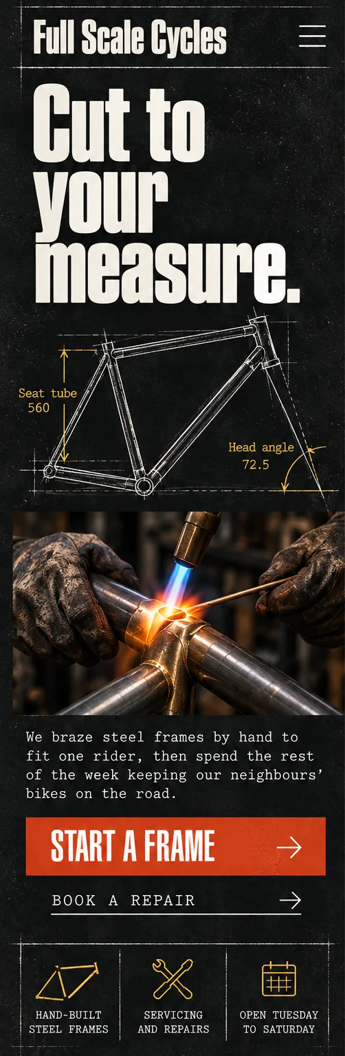 Phone window 1: the first screen, with the headline Cut to your measure, a chalk frame drawing, a photograph of hands brazing a joint, a full-width Start a frame button and three short facts.