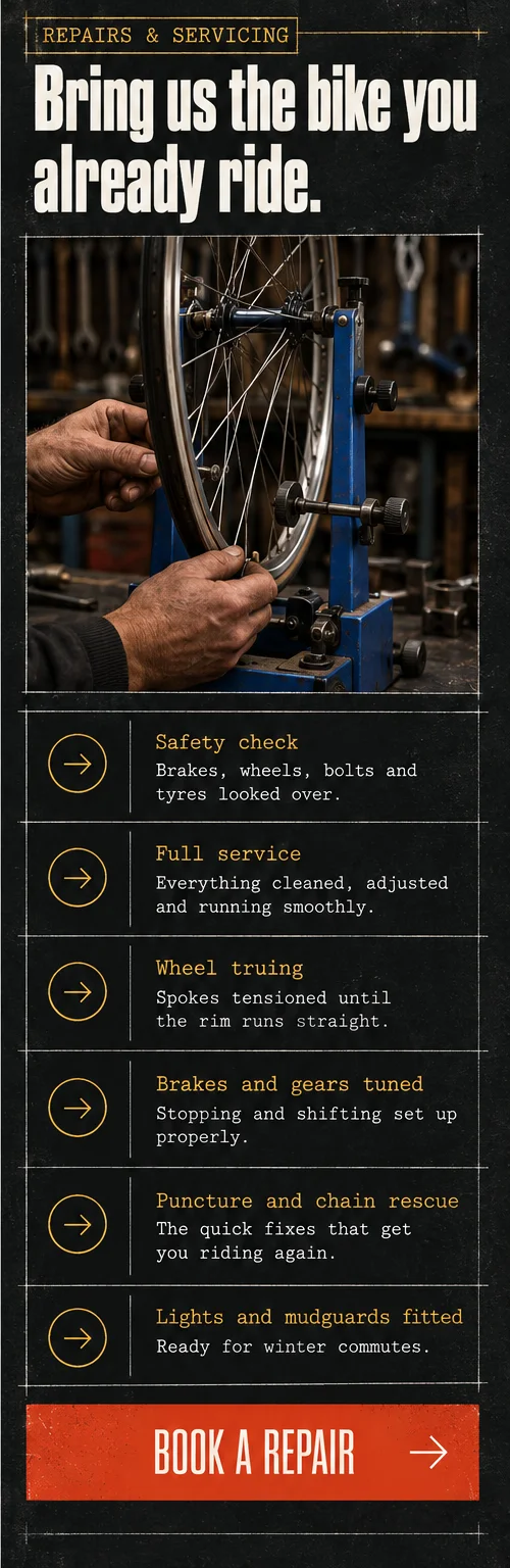 Phone window 3: Bring us the bike you already ride, a photograph of hands truing a wheel, six service rows each with an arrow, and a full-width Book a repair button.