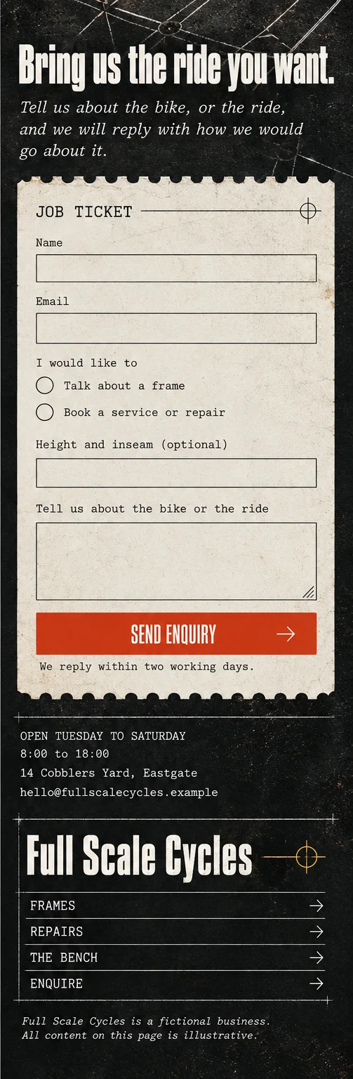 Phone window 4: Bring us the ride you want, a job-ticket form with name, email, a choice between a frame and a repair, height and inseam and a message, then a Send enquiry button and the footer links.