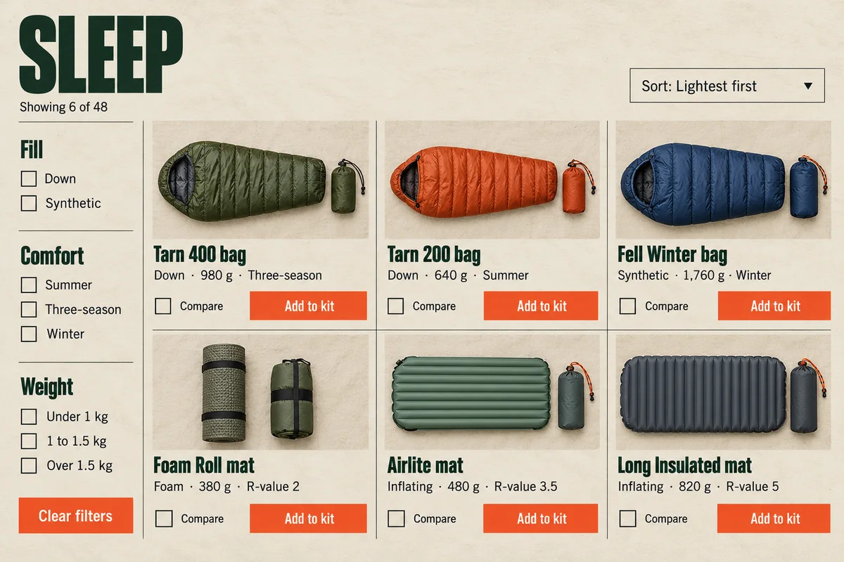 Part 2: Sleep, a filter column and six sleeping bags and mats, each with weight, a Compare box and an Add to kit button.