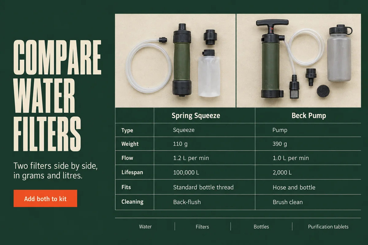 Part 3: Compare water filters, a Spring Squeeze and a Beck Pump side by side with weight, flow, lifespan and cleaning.