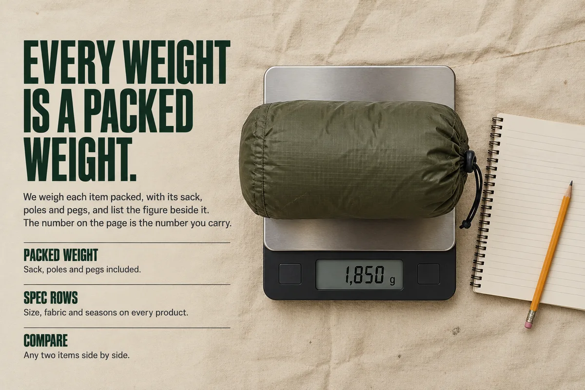 Part 5: Every weight is a packed weight, with a stuff sack on a digital scale reading 1,850 g.