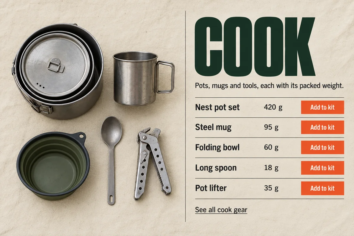 Part 6: Cook, nested pots, a mug, a bowl and spoon beside five rows with weights and Add to kit buttons.