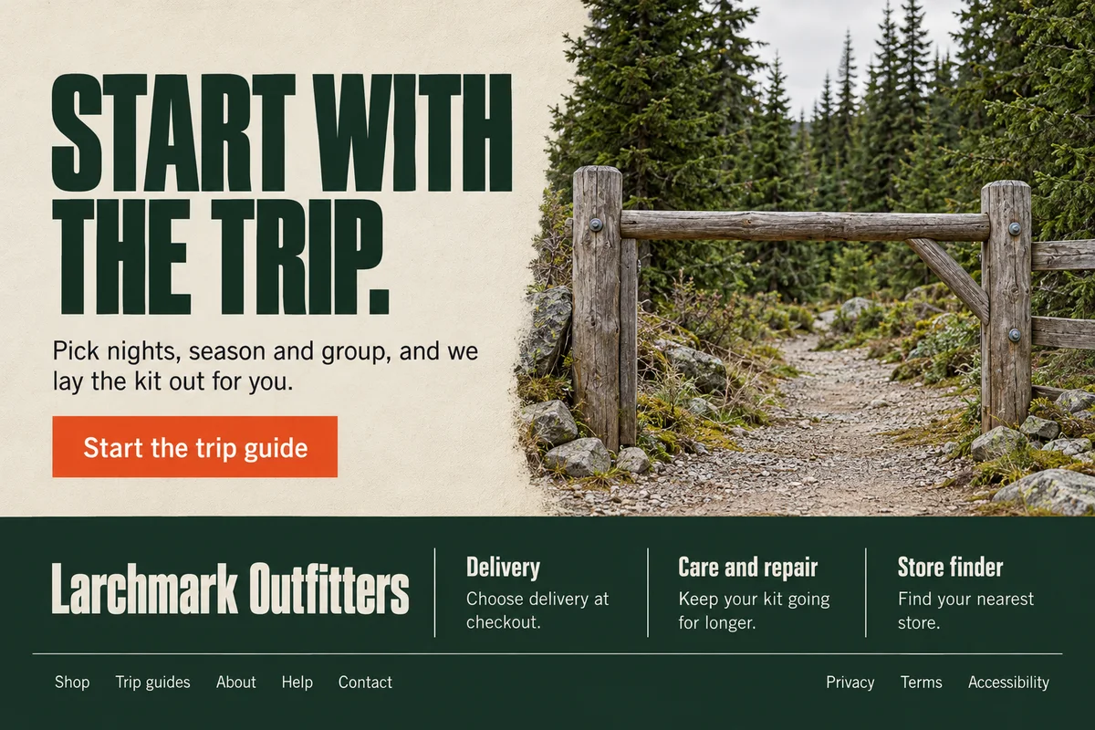 Part 9: Start with the trip, a Start the trip guide button beside a trailhead gate, then the footer with Delivery, Care and repair and Store finder.