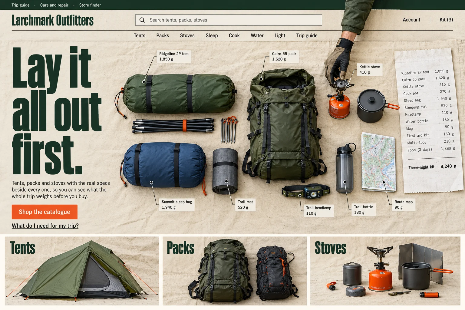 Larchmark Outfitters' first screen. A search field, the links Tents, Packs, Stoves, Sleep, Cook, Water, Light and Trip guide, and the headline Lay it all out first beside a three-night kit laid flat on canvas with a gloved hand placing the stove and a paper tally ending Three-night kit 9,240 g. Below, three tiles: Tents, Packs and Stoves.