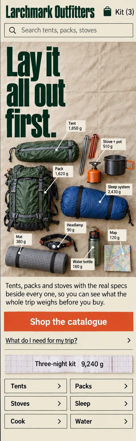 Phone window 1: the first screen, a search field, the headline Lay it all out first over a laid-out kit, a Shop the catalogue button, a Three-night kit 9,240 g tally and six category buttons.