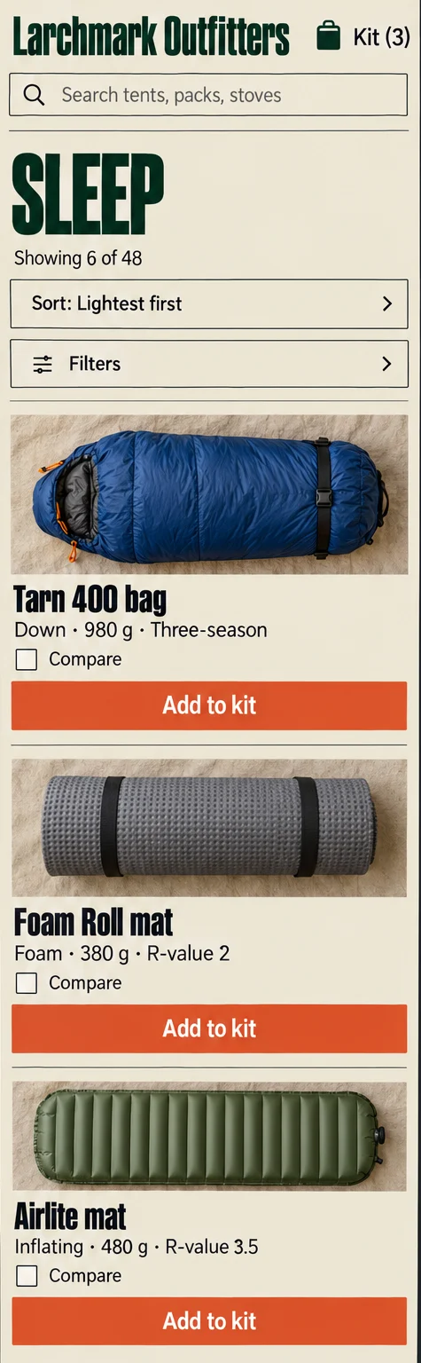 Phone window 2: Sleep, a Sort field and a Filters button, then three stacked product cards each with weight, a Compare box and a full-width Add to kit button.