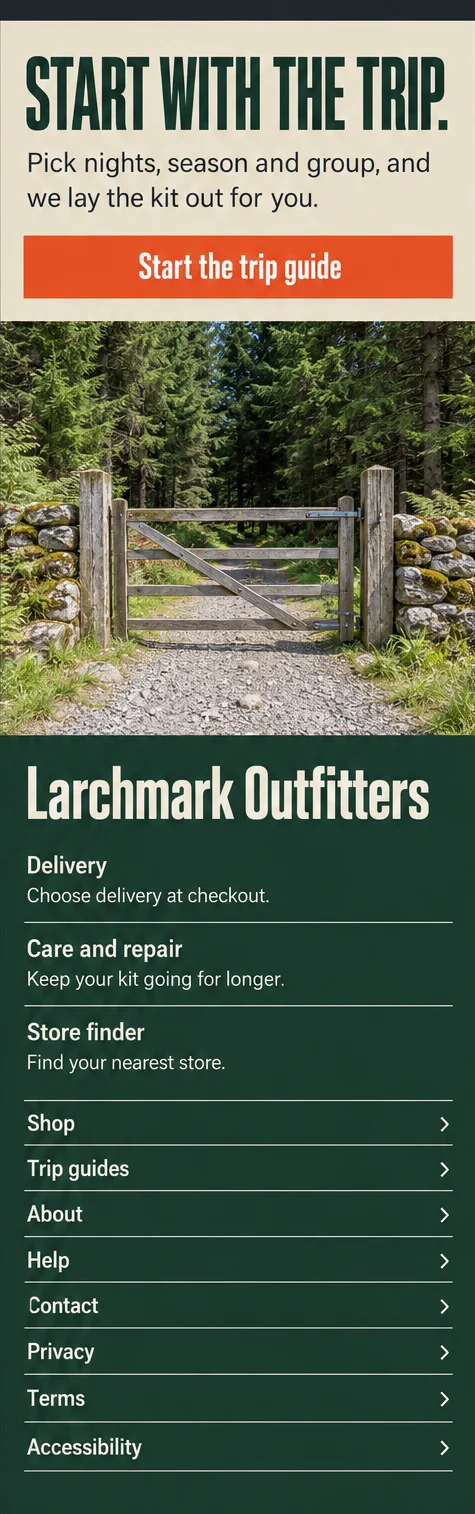 Phone window 4: Start with the trip, a Start the trip guide button, a trailhead gate, then the footer with Delivery, Care and repair, Store finder and a list of links.