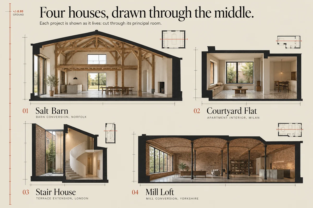 Part 3: Four houses, drawn through the middle: Salt Barn, Courtyard Flat, Stair House and Mill Loft, each a photographed room cut by dark walls with a small plan.