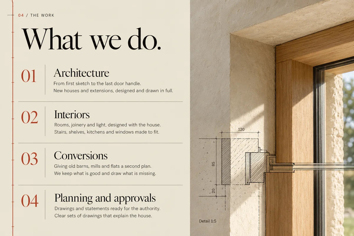 Part 4: What we do: Architecture, Interiors, Conversions, and Planning and approvals, beside a photograph of an oak window frame with a detail drawing.