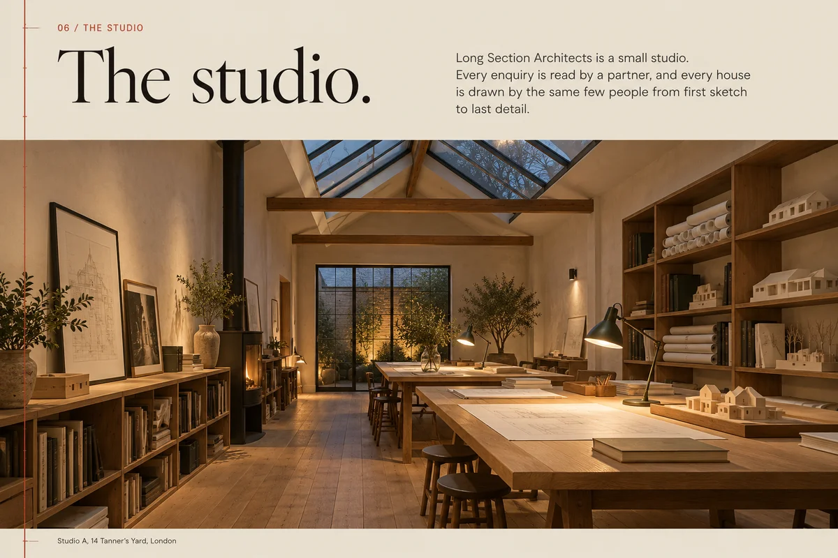 Part 6: The studio, a short paragraph above a photograph of a long workroom with drawing tables and shelves of models.