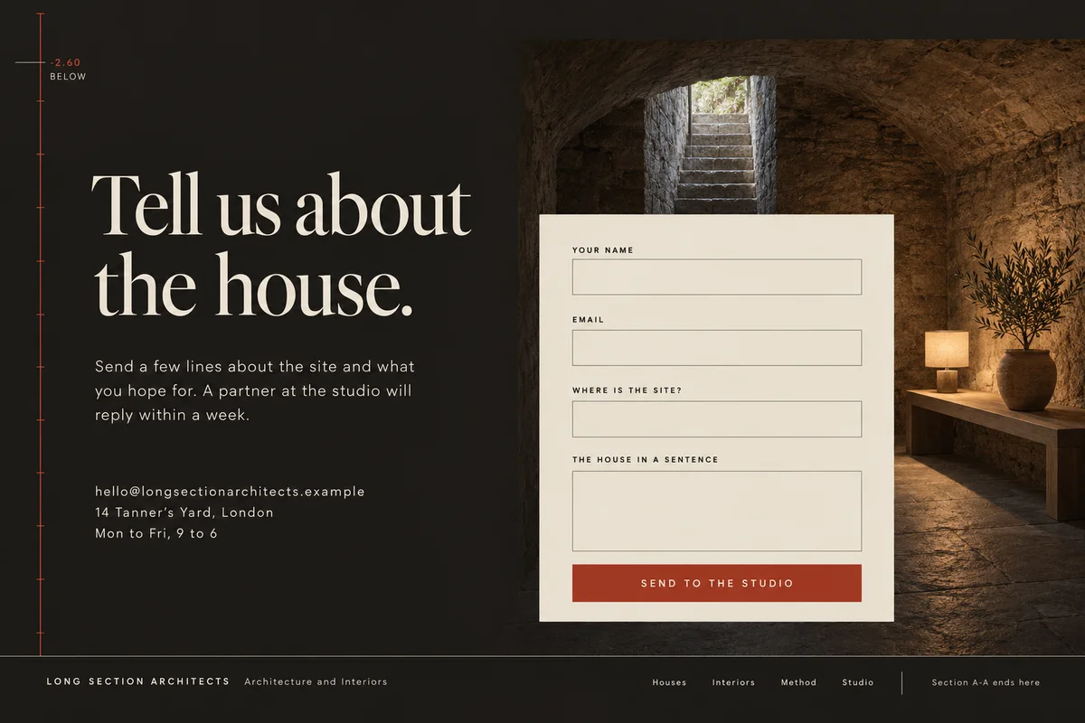 Part 9: Tell us about the house, a dark closing section with a four-field enquiry form, contact lines and a stone cellar room.