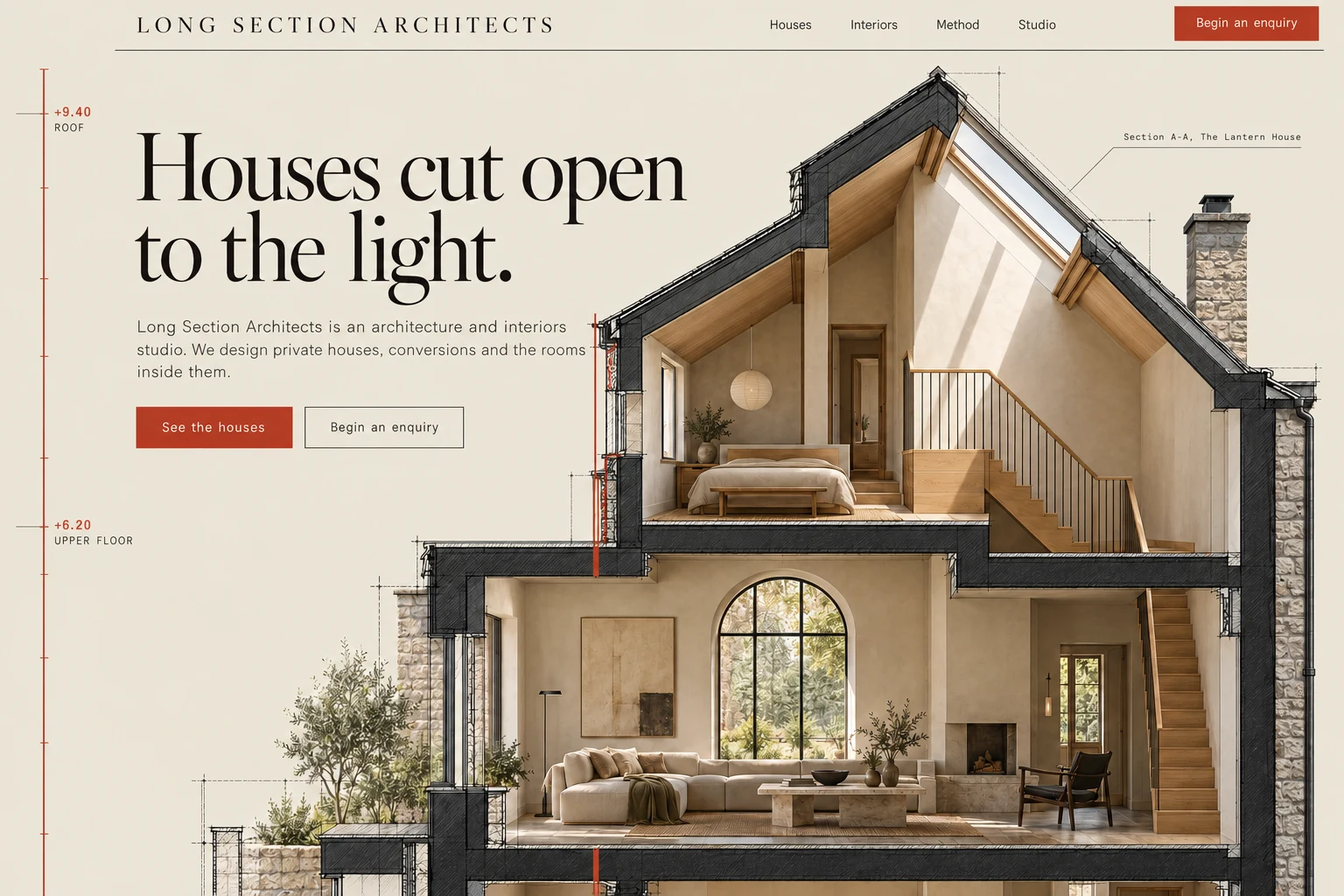 Long Section Architects' first screen. A top bar with the links Houses, Interiors, Method and Studio and a Begin an enquiry button. The headline Houses cut open to the light beside a pitched-roof house drawn as a section, with a bedroom under a roof light, a timber stair and a living room with an arched window.