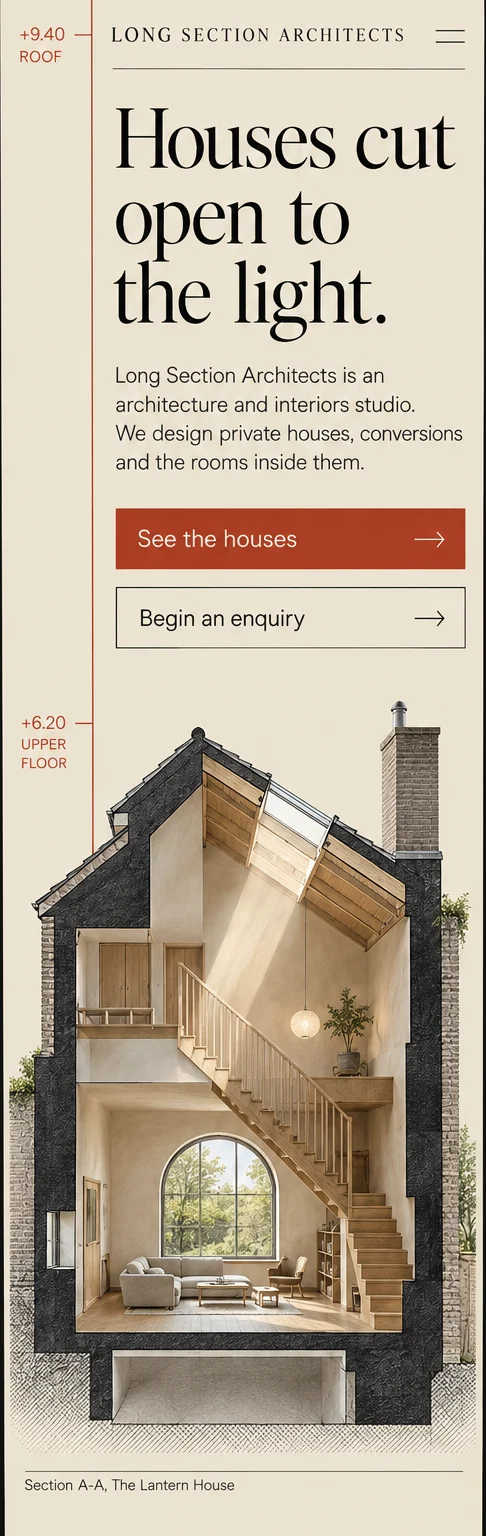 Phone window 1: the first screen, with the headline Houses cut open to the light, a See the houses button and a Begin an enquiry button, then a house drawn as a section, and the start of the drawing lesson.