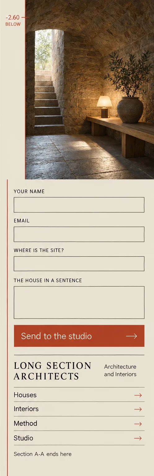 Phone window 4: a stone cellar room, the four-field enquiry form with a Send to the studio button, and the footer links.