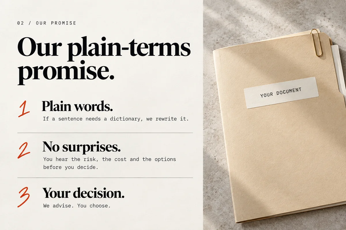 Part 3: Our plain-terms promise, three commitments beside a folder labelled Your document.