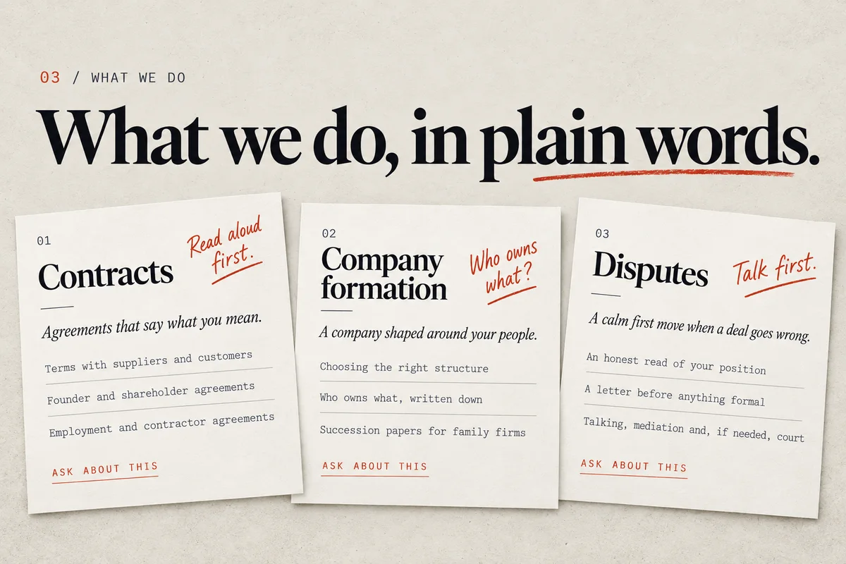 Part 4: What we do, in plain words: Contracts, Company formation and Disputes.