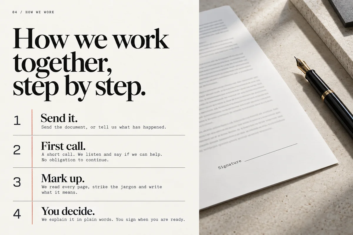 Part 5: How we work together, step by step, four steps beside a signature page.