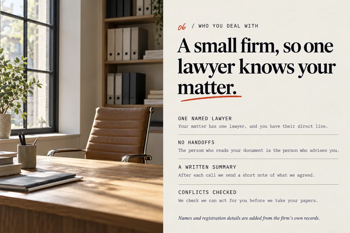 Part 7: A small firm, so one lawyer knows your matter, four points beside an empty office chair.