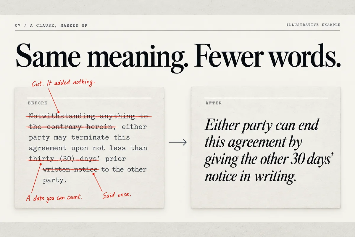 Part 8: Same meaning, fewer words: a contract clause before and after plain-English mark-up.