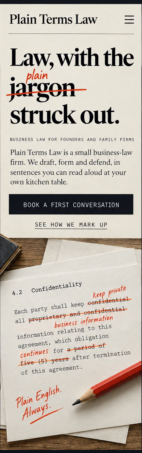 Phone window 1: the first screen, with the headline Law, with the jargon struck out, a Book a first conversation button and a marked-up clause below.