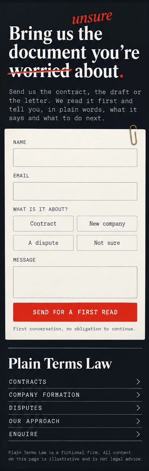 Phone window 4: Bring us the document you are worried about, a short enquiry form with a Send for a first read button, and the footer links.