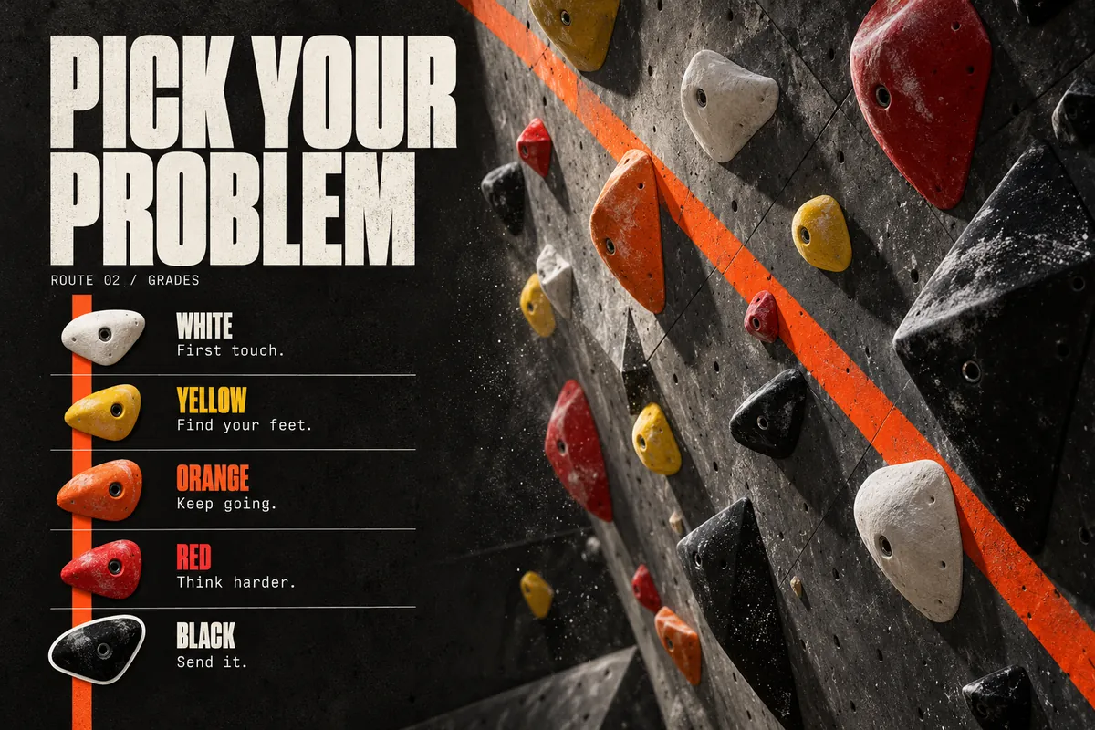Part 2: Pick your problem, five coloured holds from White to Black with a short line each.