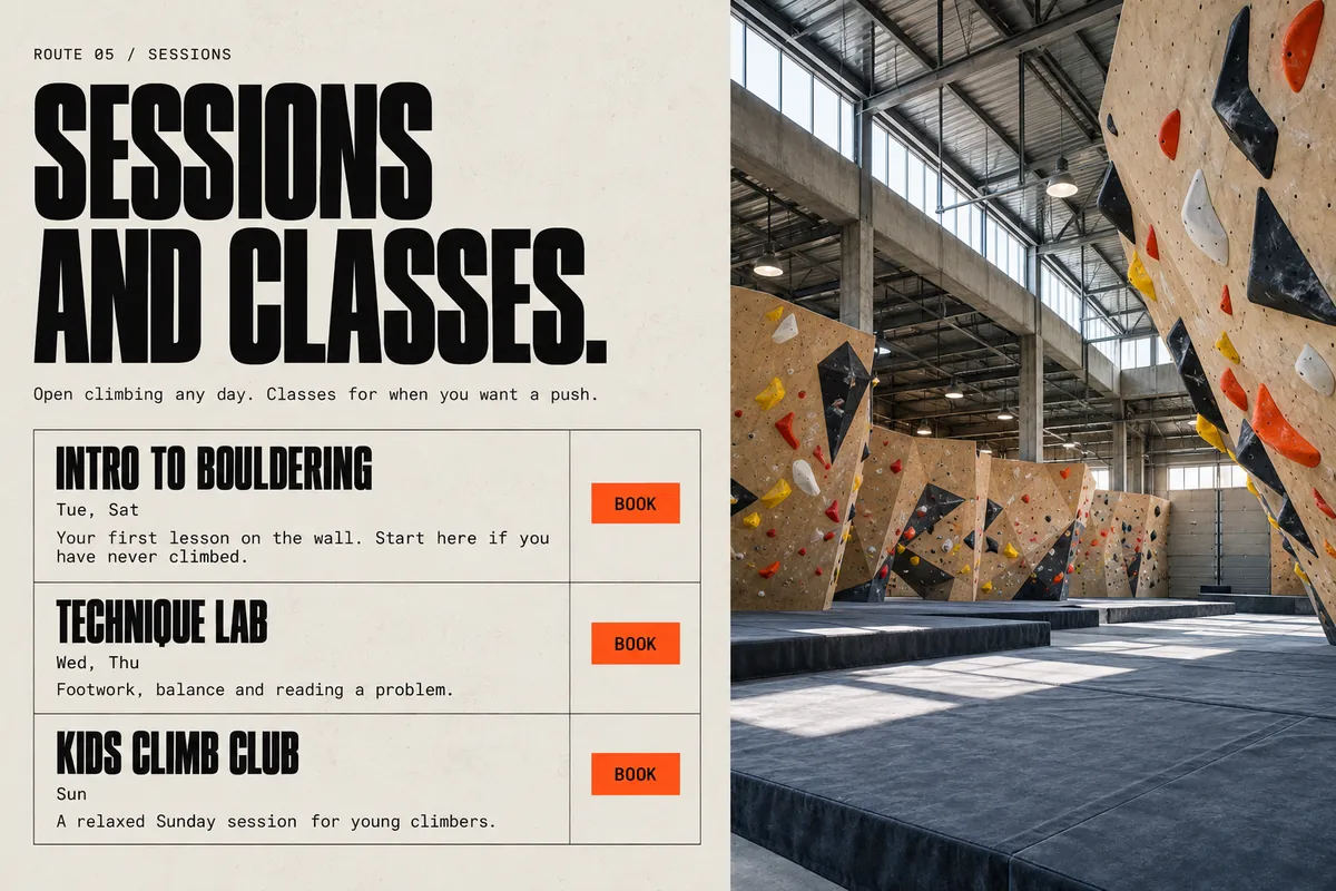 Part 5: Sessions and classes: Intro to bouldering, Technique lab and Kids climb club, each with a Book button.