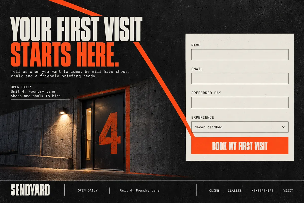 Part 9: Your first visit starts here: a booking form, opening hours and address.