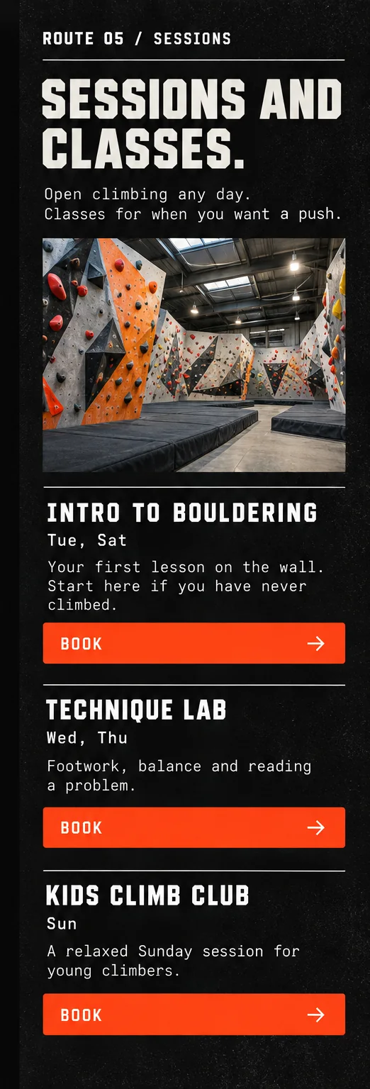 Phone window 3: Sessions and classes, three classes each with a full-width orange Book button.