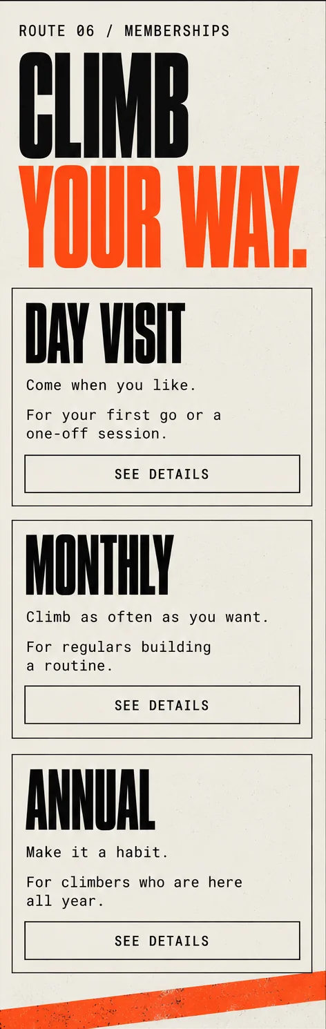 Phone window 4: Climb your way, Day visit, Monthly and Annual as three stacked boxes, each with a full-width See details button.