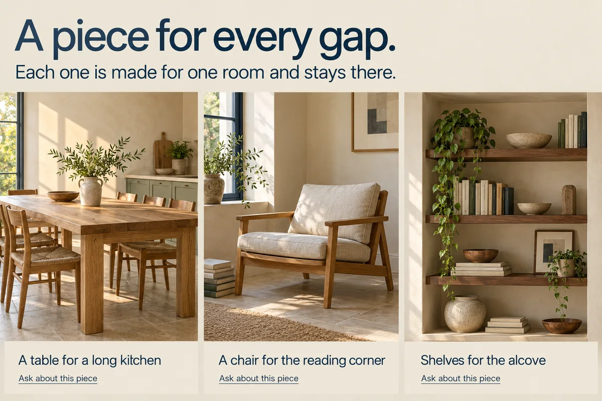 Part 2: A piece for every gap, three photographs: an oak table for a long kitchen, an oak chair for the reading corner and walnut shelves for the alcove.