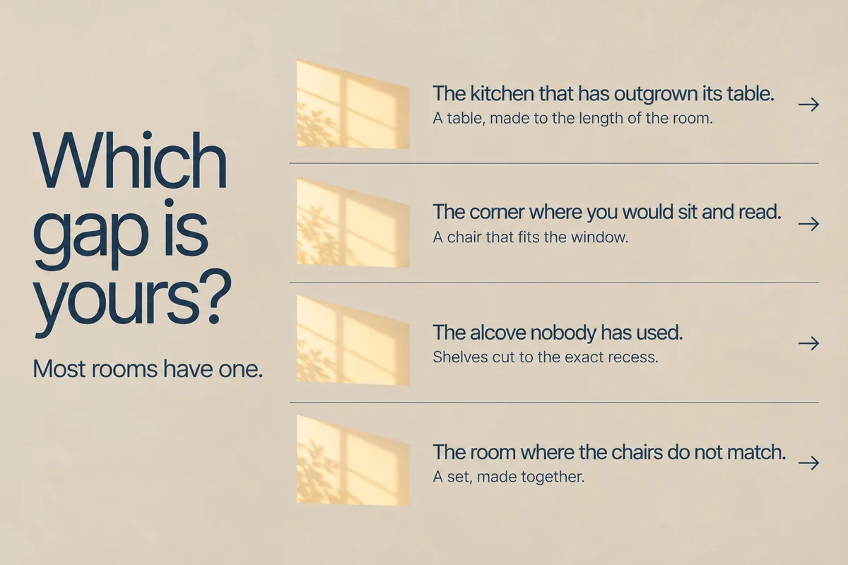 Part 3: Which gap is yours? Four rows from the kitchen that has outgrown its table to the room where the chairs do not match.
