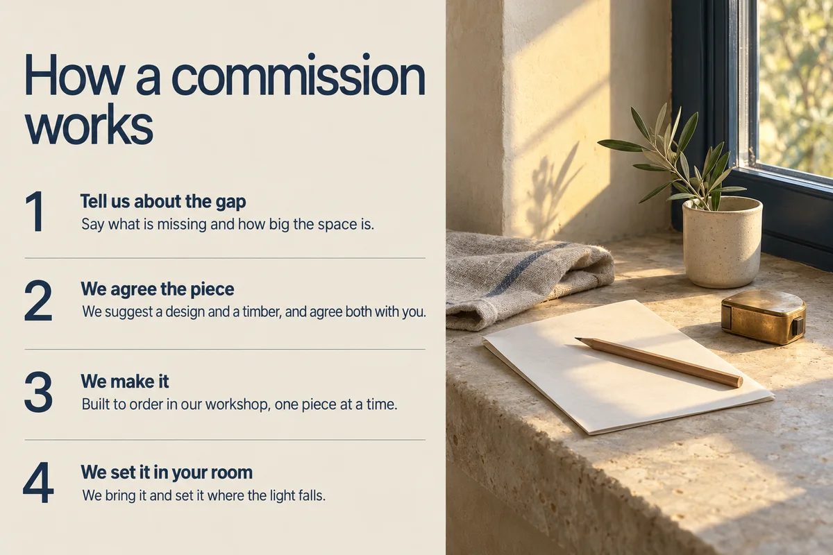 Part 4: How a commission works, four numbered steps beside a windowsill with a blank sheet of paper and a pencil.