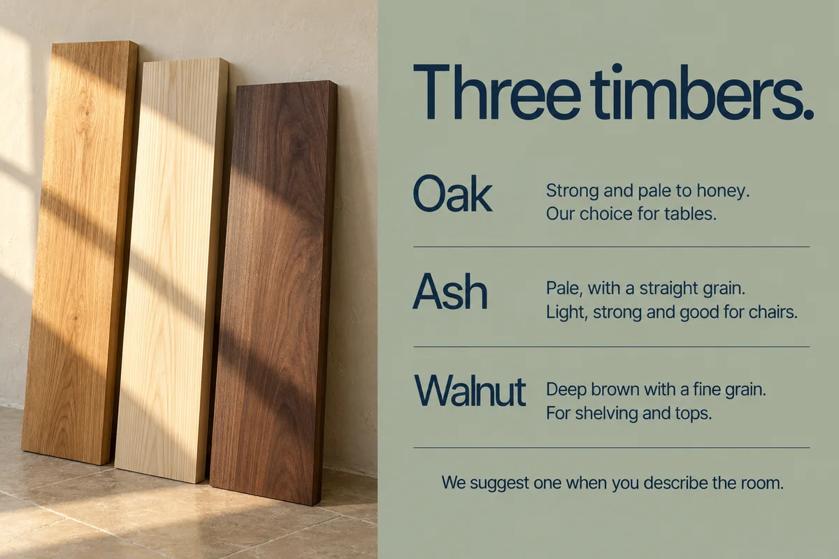 Part 5: Three timbers, oak, ash and walnut boards leaning on a wall, each with a short description.