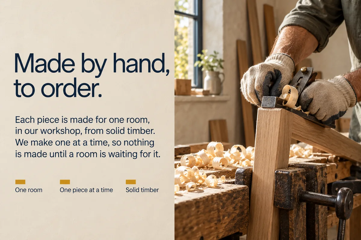 Part 6: Made by hand, to order, a gloved pair of hands planing an oak table leg in a workshop.