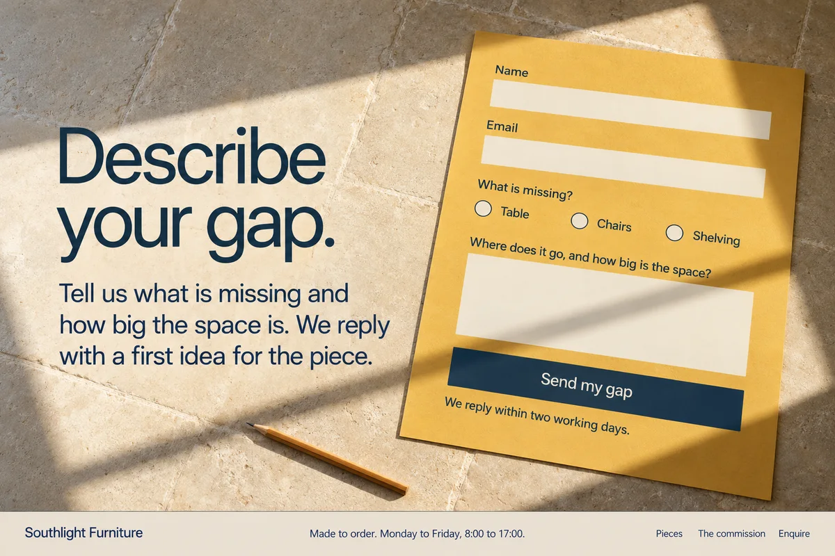 Part 9: Describe your gap, a gold enquiry card on a stone floor with name, email, what is missing, a message box and a Send my gap button, and the footer.