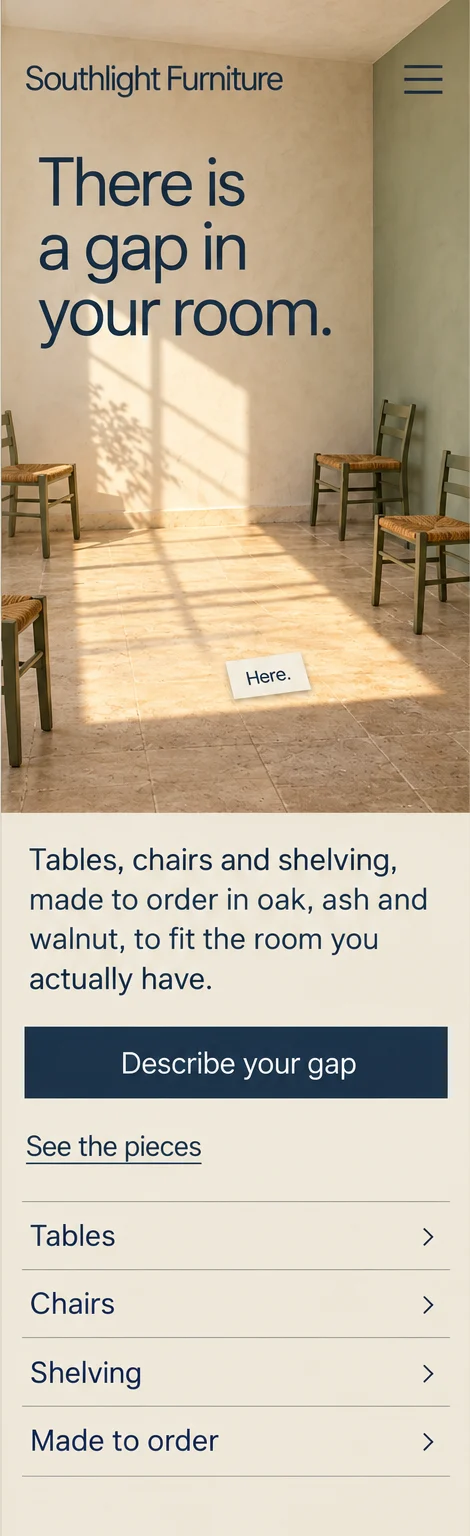 Phone window 1: the first screen, the empty sunlit room with the headline There is a gap in your room, a Describe your gap button and a list of Tables, Chairs, Shelving and Made to order.