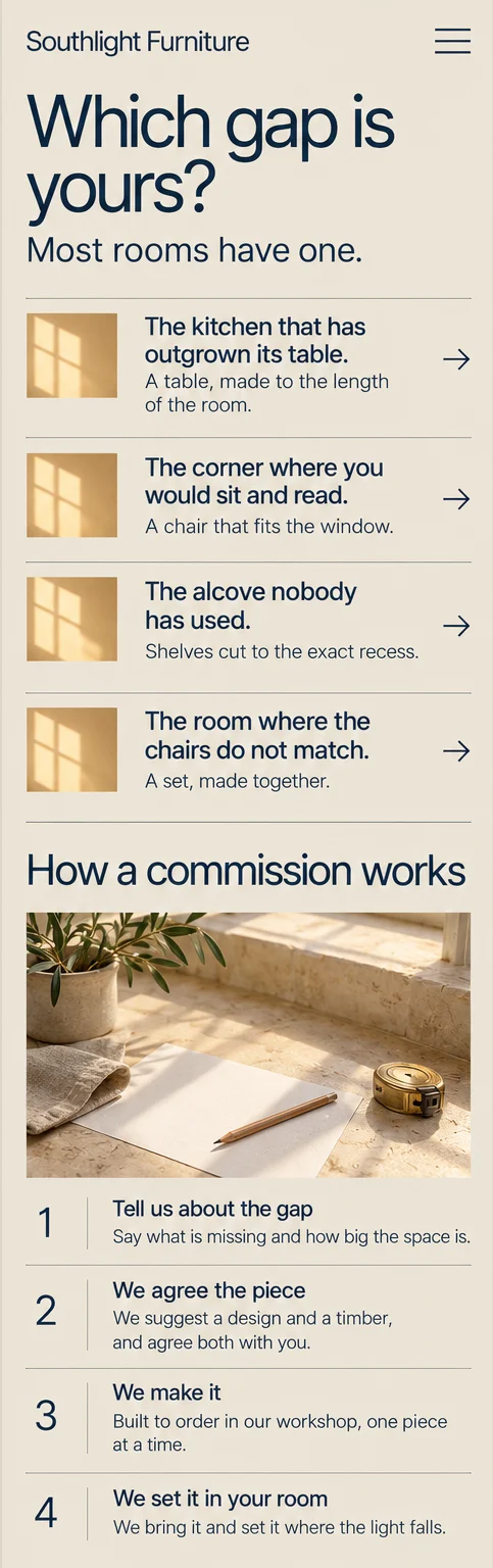 Phone window 2: Which gap is yours? as four stacked rows, then How a commission works with four numbered steps in one column.
