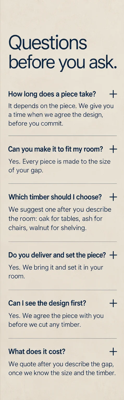 Phone window 3: Questions before you ask, six questions with their answers stacked in one column.