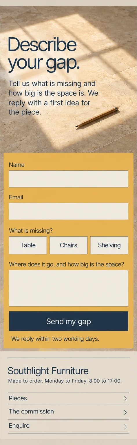 Phone window 4: Describe your gap, a gold enquiry card with Name, Email, What is missing, a message box and a Send my gap button, then the footer links.