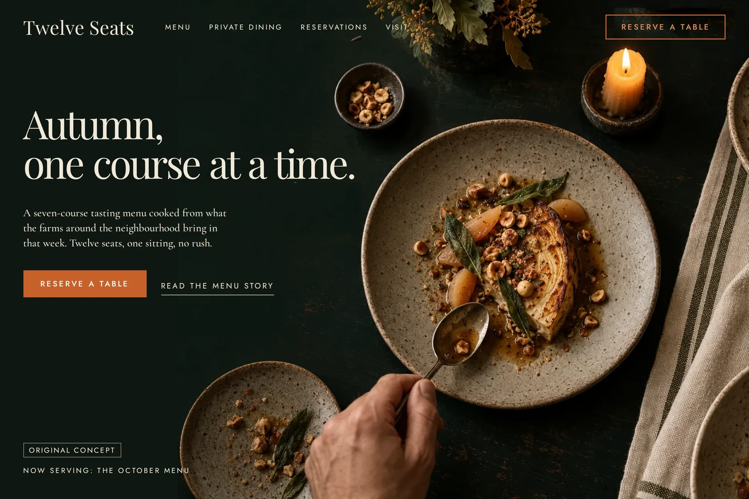 Twelve Seats' first screen. A top bar with the links Menu, Private dining, Reservations and Visit and a Reserve a table button. The headline Autumn, one course at a time, a short line about a seven-course menu with twelve seats and one sitting, and an overhead plate of roasted celeriac with hazelnuts, a candle and a hand holding a spoon.